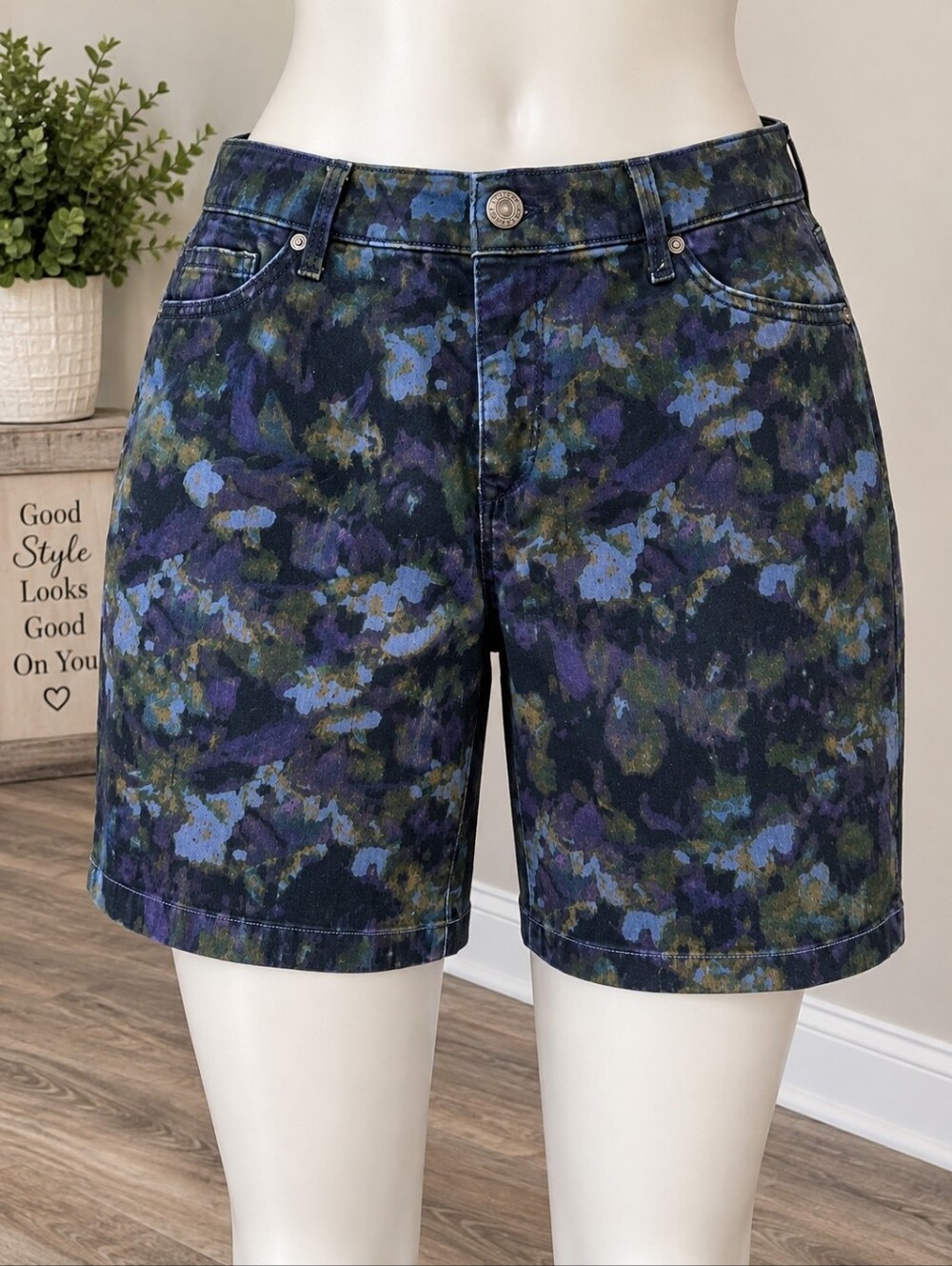 Gloria Vanderbilt Curvy Camo-Print Bermuda Shorts - Blue, Green, Black